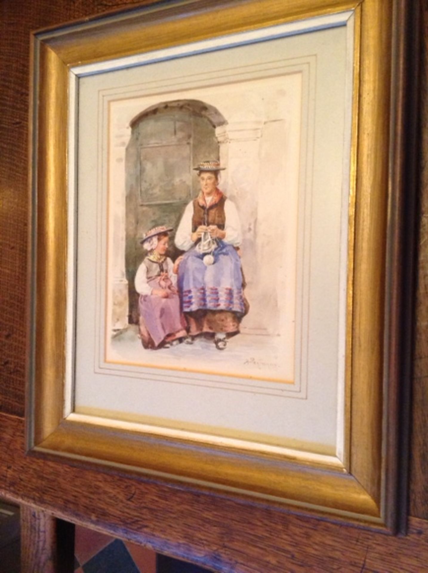 ALEXANDRIN PEGTNEQUIN, SIGNED LOWER RIGHT, WATERCOLOUR, MOTHER & CHILD KNITTING, 7" x 5 1/4"