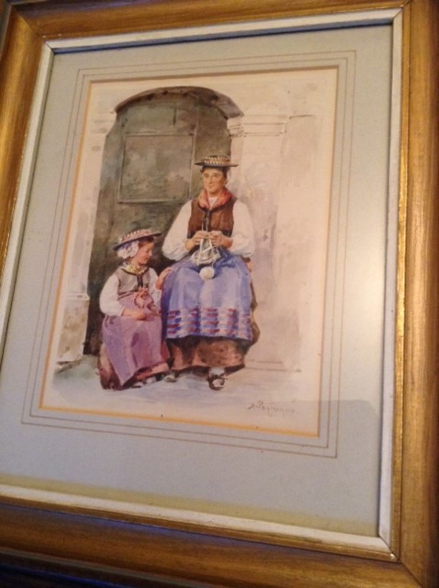 ALEXANDRIN PEGTNEQUIN, SIGNED LOWER RIGHT, WATERCOLOUR, MOTHER & CHILD KNITTING, 7" x 5 1/4" - Image 3 of 3