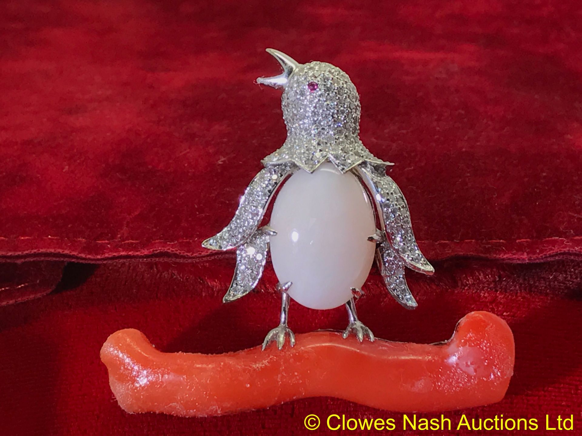 Fine Diamond & Ruby set Penguin set with Angel Skin Coral & Coral Brooch