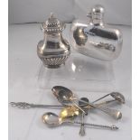 A silver hip flask 9cm, a silver pepper pot Birmingham 1911, 9cm and various silver spoons 208g (9)
