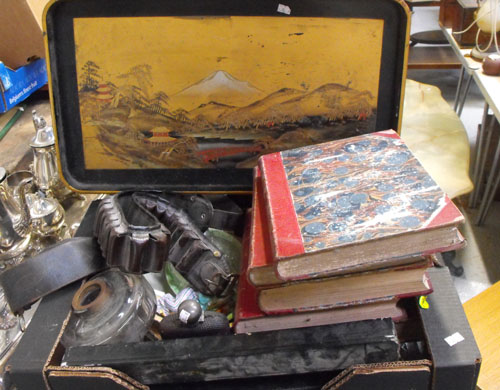 A Japanese lacquer tray, a leather cartridge belt, five volumes of Punch and other items (box)