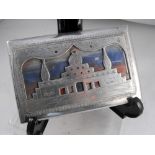 A WWII aluminium trench art cigarette case, decorated a mosque 12.5cm x 8cm