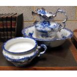 A Victorian blue and white wash bowl and jug set with matching chamber pot (3) Condition Report