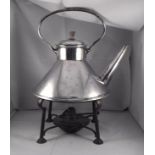 A silver plated Brufords Devon spirit kettle and stand, designed in the style of Christopher Dresser