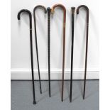 An Edwardian mahogany silver mounted walking stick, a horned handled walking stick and other walking