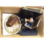 A pair of silver plated photo frames, a glass scent bottle, three powder compacts and other items (