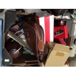 A turned wooden string box, a leather satchel, and other items (box)