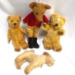 A Chad Valley plush toy dog, 2 plush teddy bears and a fox wearing hunting reds (4)