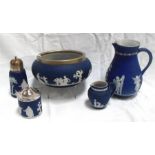 An Adams blue Jasper Ware bowl with plated mount, a similar sugar caster and other items (5)