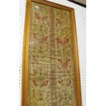 An Antique silk embroided Indian panel decorated animals and flowers 32cm x 74cm