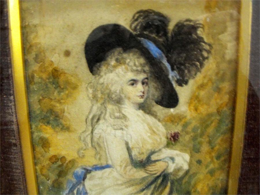 An 18thC portrait of a young woman, after Gainsbourgh, watercolour, 13cm x 18cm - Image 2 of 2