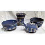 A pair of Wedgwood Blue Jasper Ware bowls decorated classical figures 20cm diameter, a Wedgwood vase