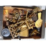 A brass companion set, kitchen scales, moulding planes and other items (box)