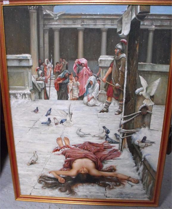 Oil on canvas, Roman scene, a semi naked woman below a crucifix 61cm x 81cm