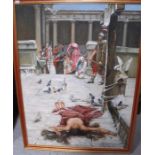 Oil on canvas, Roman scene, a semi naked woman below a crucifix 61cm x 81cm