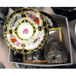 A pair of 19thC plates decorated birds and flowers with gilt highights 23cm diameter, a brass owl