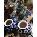 A Masons Ironstone style jug and bowl and two blue and white vases (4)