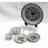 A Chinese blue and white dish, decorated flowers 16cm diameter 3 smaller dishes 9cm diameter and a