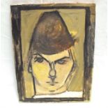 A 1950's abstract oil painting on canvas, person wearing a hat, Penzance label to reverse 33cm x