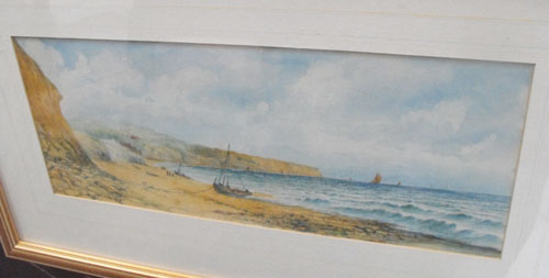 Arthur Douglas, watercolour of a coastal scene of boats on a beach, signed lower right corner 52cm x