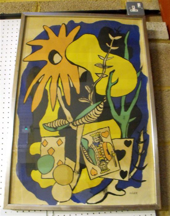 F. Leger, "The King of Hearts" lithograph, playing cards and stylised flowers, 47cm x 71cm Condition
