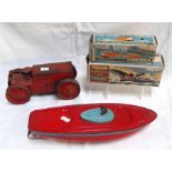 A Tri-ang tin plate clock work boat 31cm a tri-ang tractor No.2 a penguin series 4 clock work "