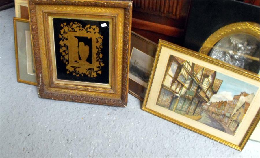 A Morland print "The Thatcher", a gilded painting on glass depicting two owls in a barn window and - Image 2 of 2
