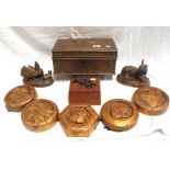 A Victorian brass box with sectioned interior,a brass lizard and snake desk weight, a brass rabbit