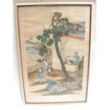 A Japanese painting on silk, depicting a scholar and figures 36cm x 55cm