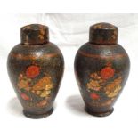 A pair of Kashmiri lacquer tea canister decorated flowers 19cm high