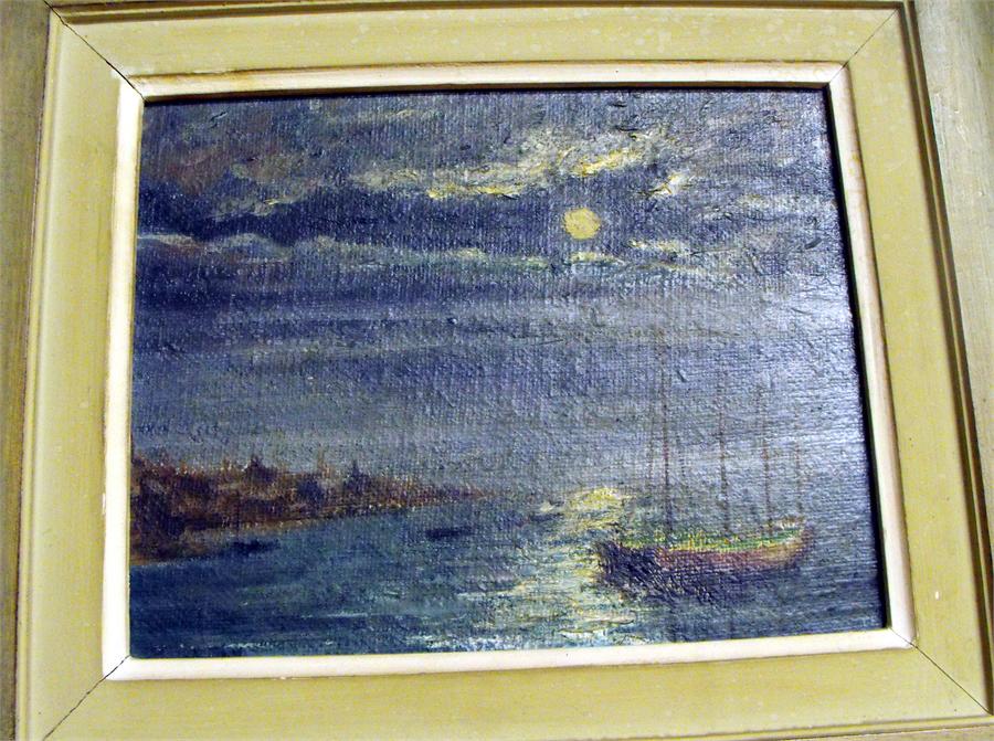 Moonlit sea scape,oil on board, 23cm x 19cm