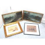 F.G. Fraser, river scene, watercolour 24cm x 16cm a signed engraving "Gun Fire a Good Start" and two