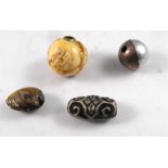 Four Japanese Ojime beads for netsuke cord including a mixed metal peach and an ivory ball carved