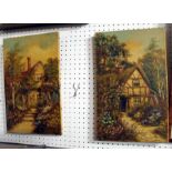 A pair of oils on canvas, country cottage scenes indistinct signature lower left corner 25cm x 41cm