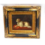 A modern oil on board, a small dog laying on a cushion in a gilded frame,