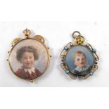 A 9ct gold framed portrait miniature pendant and a gilt metal similar set with blue stones (2)