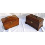 A 19thC sarcophagus mahogany two division tea caddy and another mahogany tea caddy (2)