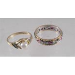 A 9ct gold ruby set eternity ring and a pearl set ring (2)