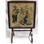 A 19thC Persian painting on silk depicting figures 43cm x 43cm mounted in a "Davard" patent table/