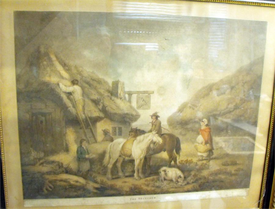 A Morland print "The Thatcher", a gilded painting on glass depicting two owls in a barn window and