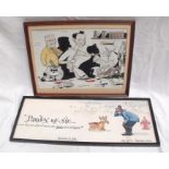 A 1930's framed cartoon in water colour 35cm x 25cm and a 1970's American cartoon 51cm x 18cm (2)