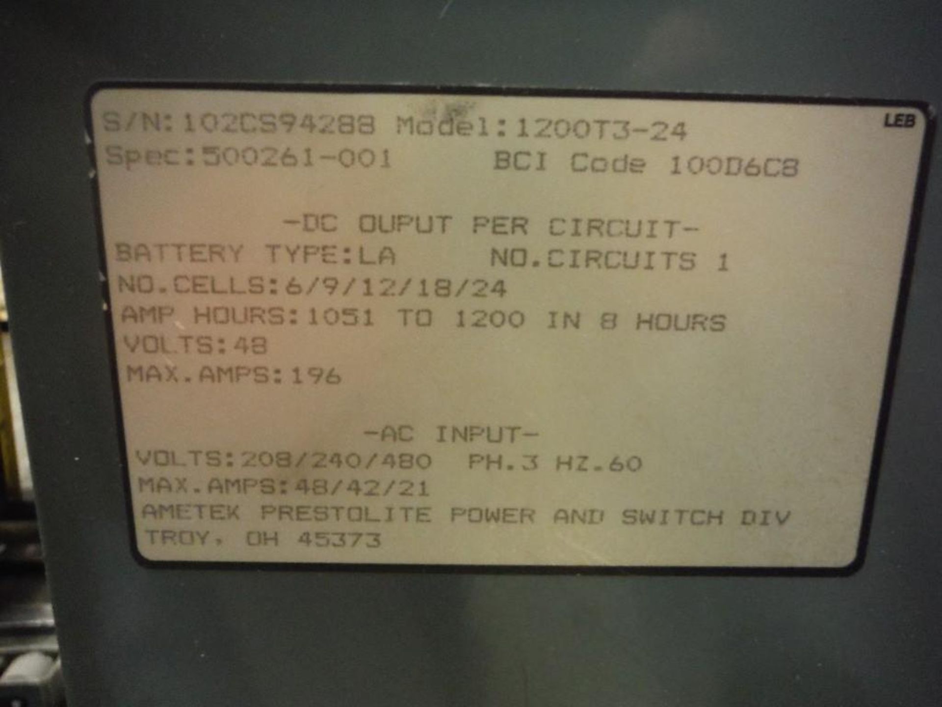Hobart ultra charge 48 volt battery charger, Model 1200T3-24, SN 102CS94288. DELAYED DELIVERY UNTIL - Image 4 of 4
