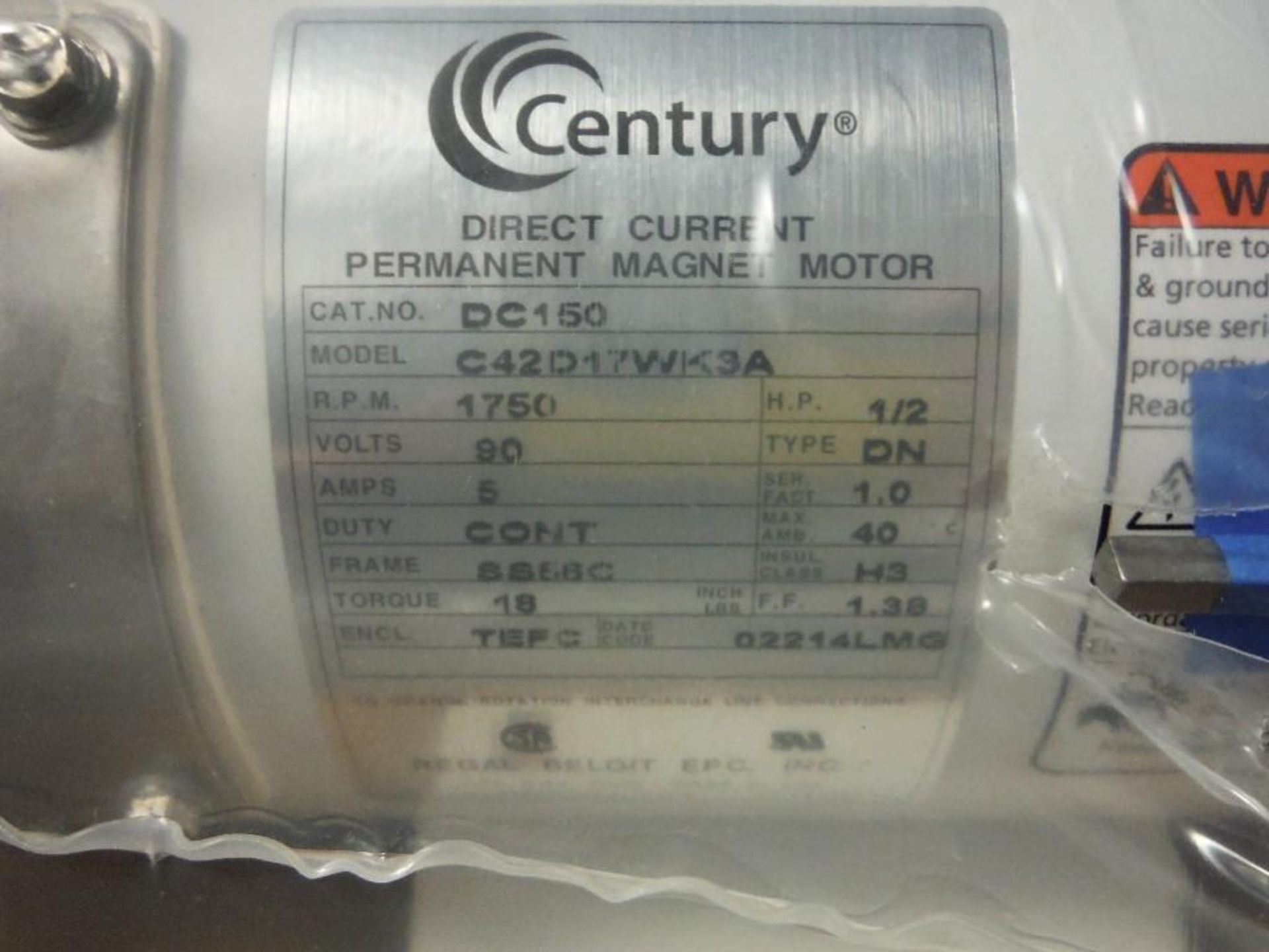 Century dc permanent magnet motor, 1/2 hp, 1750 rpm, enclosure TEFC, new. - RIGGING FEE FOR DOMESTIC - Image 2 of 2