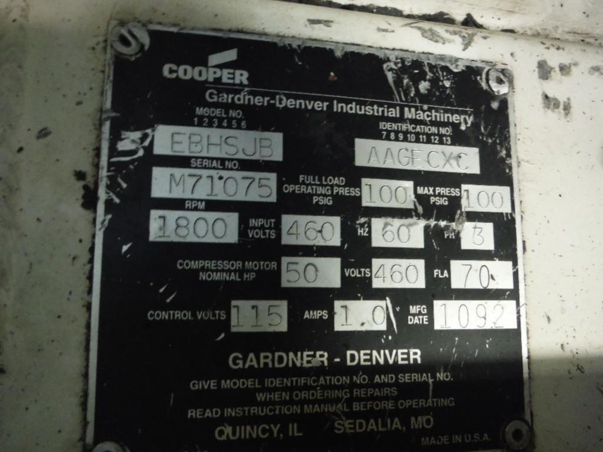Gardner-Denver 50 hp screw type air compressor, Model EBHSJB, SN M71075. - RIGGING FEE FOR DOMESTIC - Image 11 of 11