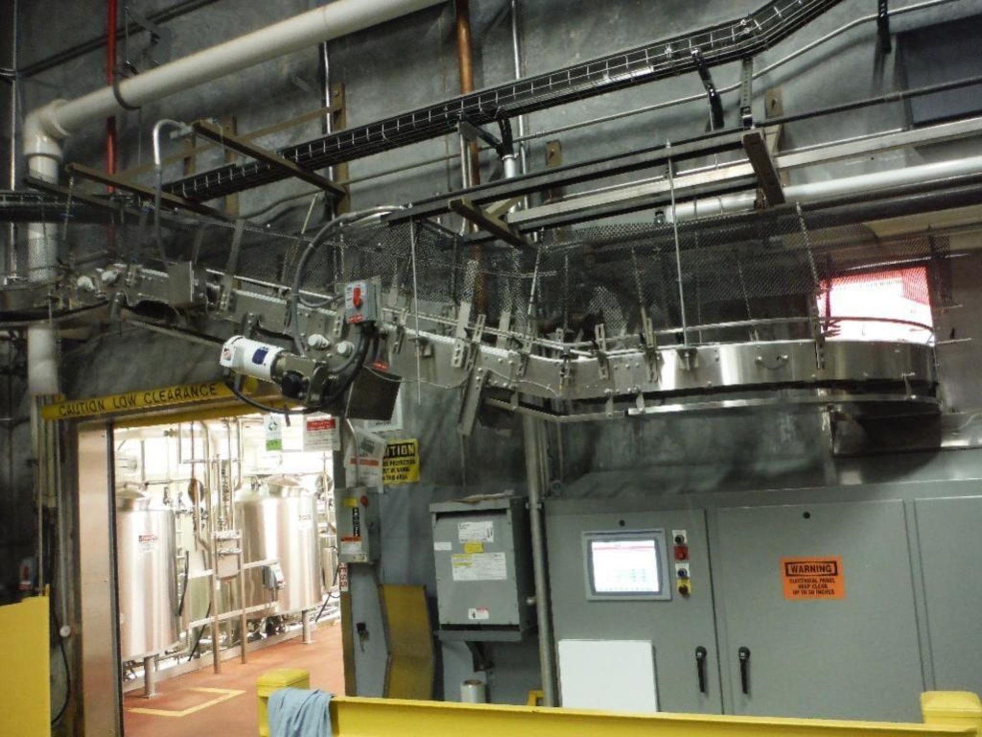 Nercon 90 degree overhead belt conveyor, SS frame, plastic intralox belt, 16 ft. L x 13 in. W, 2 hp