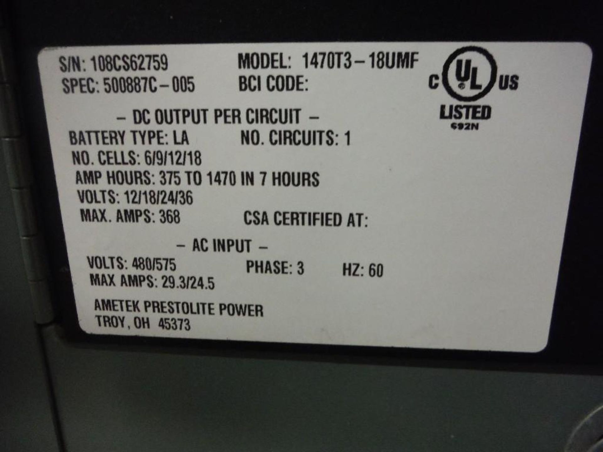 Prestolite power ultra maxx battery charger, 12/18/24/36 volt charger, Model 1470T3-18UMF, SN 108CS6 - Image 3 of 3