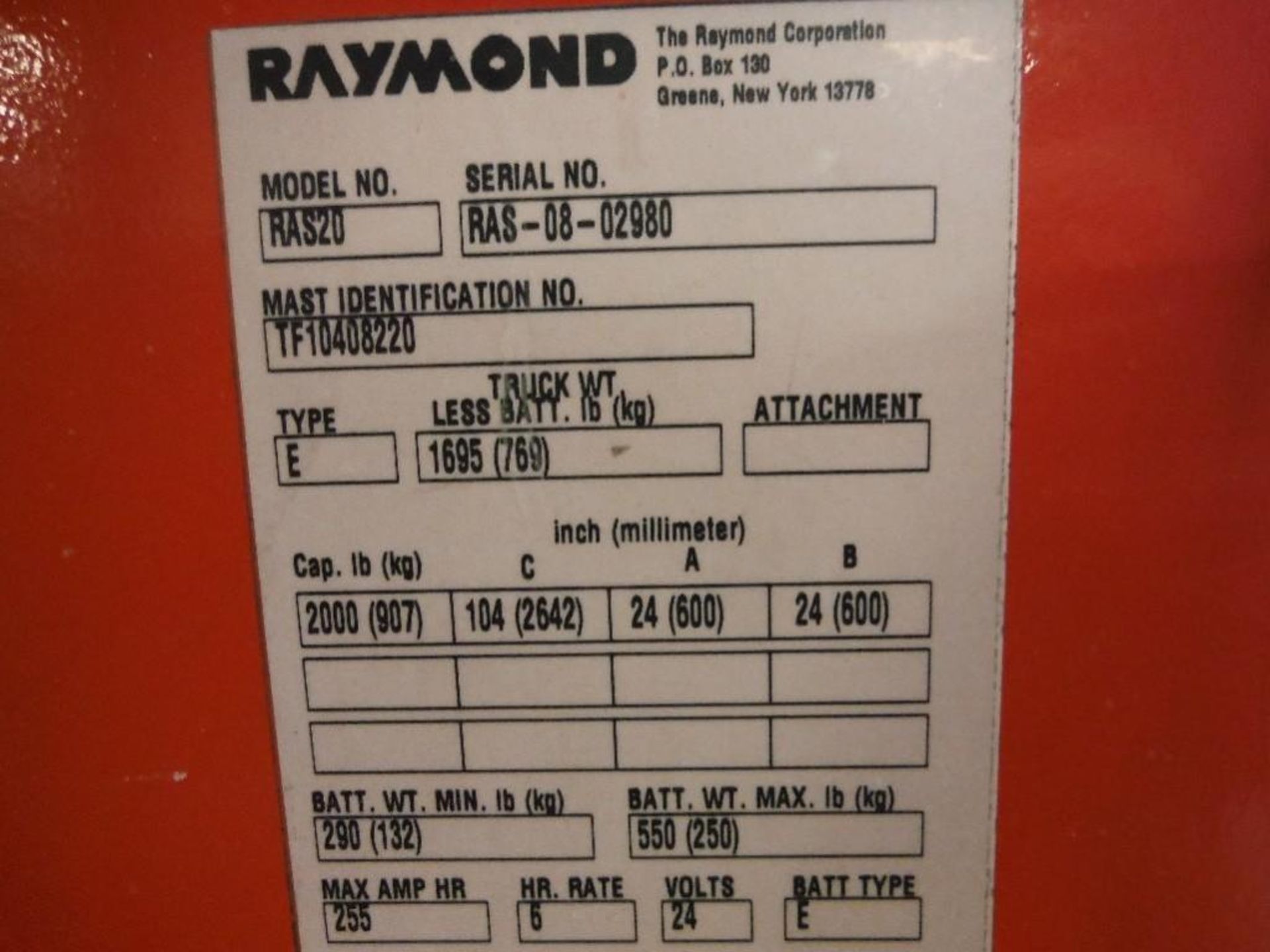 Raymond 24 volt pallet jack, Model RAS20, SN RAS-08-02980, 2000 lb. capacity, 2,152 hours. - RIGGING - Image 4 of 4