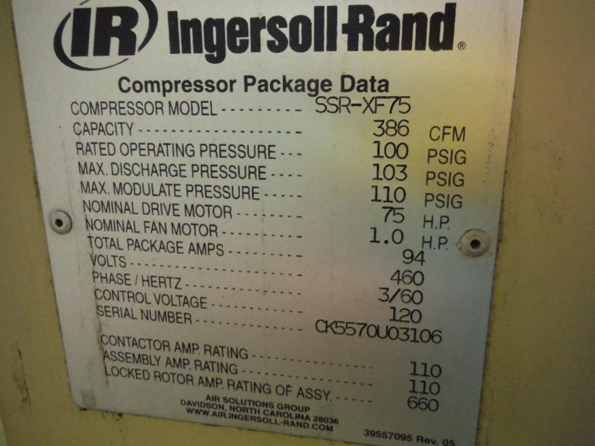 Ingersoll Rand 75 hp rotary screw compressor, Model SRR-XF75, SN CK5570U03106 , 21,750 hours, 386 CF - Image 5 of 10