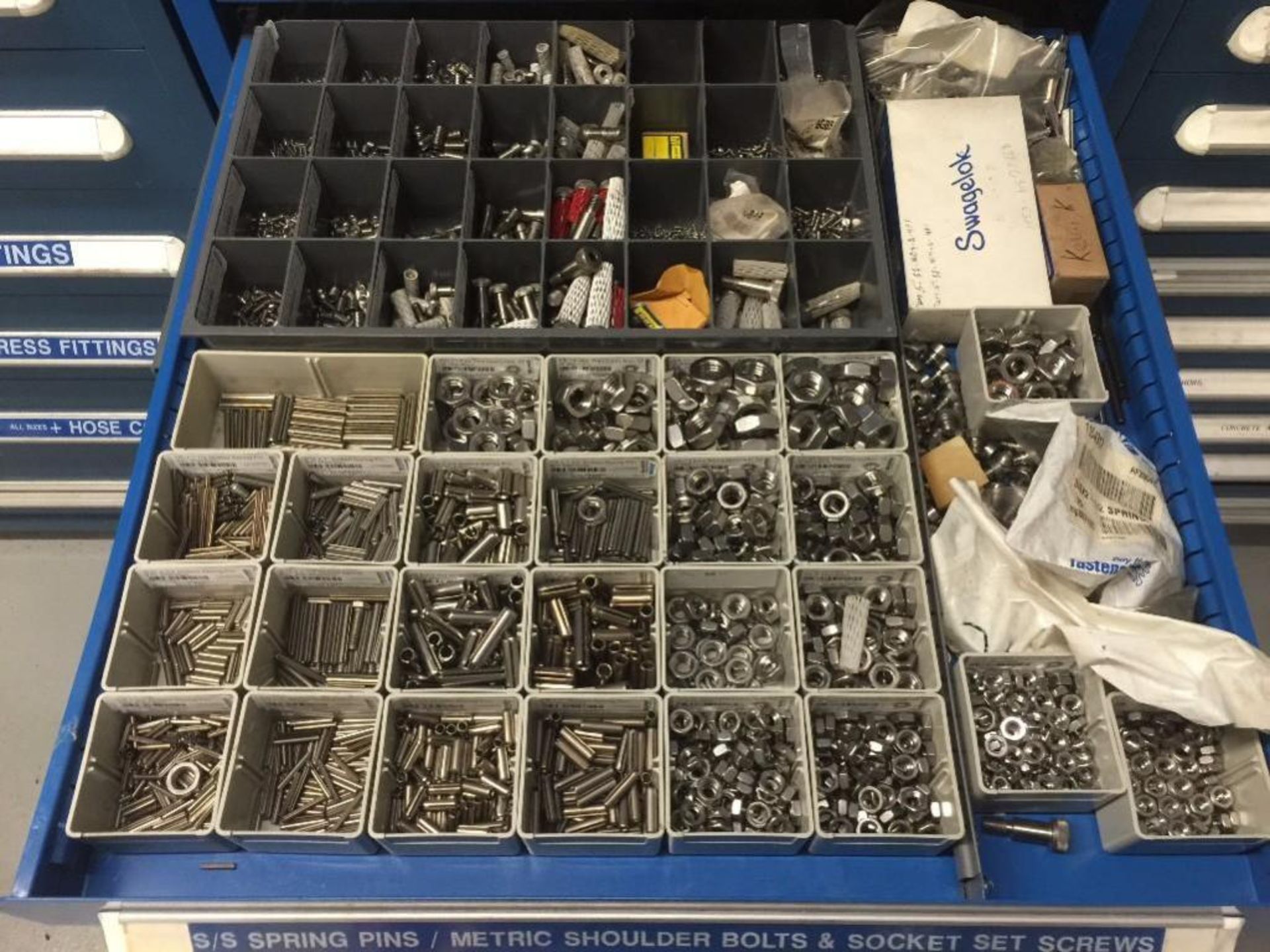 Contents only of drawer; cable ties, bulk head fittings, electrical connects, key stalk, SS spring p - Image 7 of 12