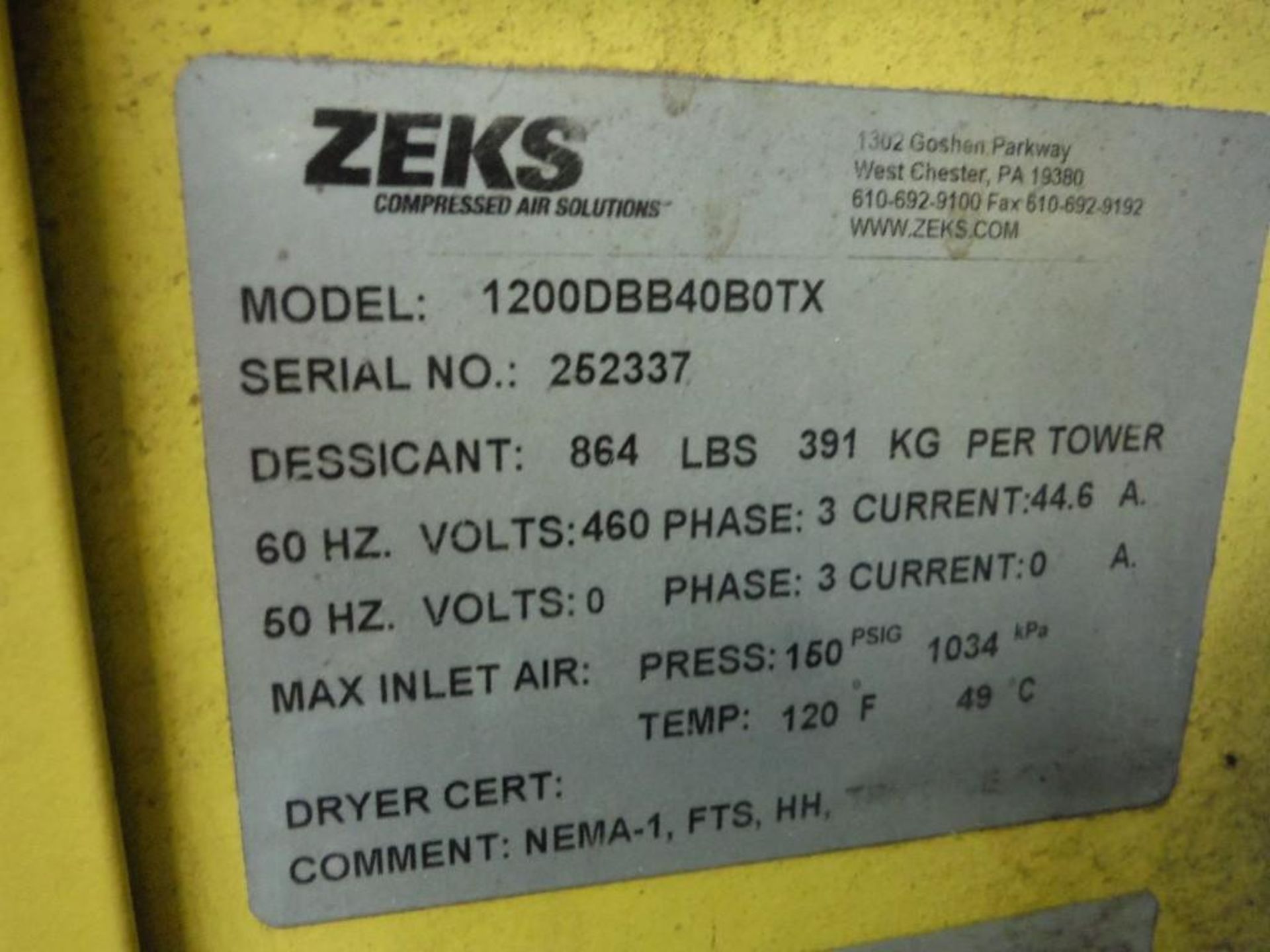 Zeks air dryer, Model 1200DBB40BOTX, SN 252337. - RIGGING FEE FOR DOMESTIC TRANSPORT $350 - Image 4 of 10
